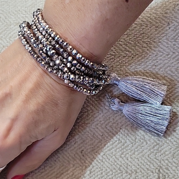 Silver Bead Stack Tassel Bracelet, Adjustable - Picture 4 of 4